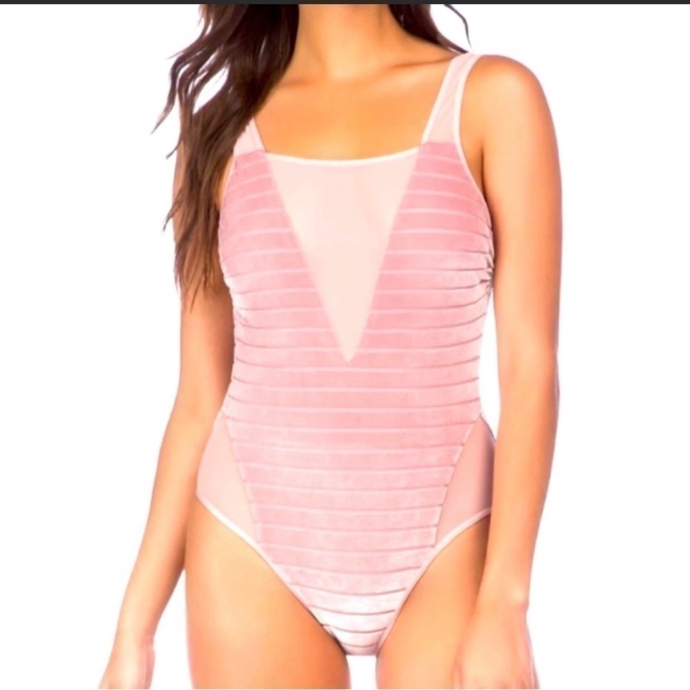 NWT Kenneth Cole TUMMY TONER Pink Velvet Stripe Mesh High Leg One Piece Swimsuit
